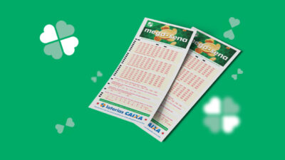 Volantes da Mega-Sena sobre fundo verde com símbolos das Loterias Caixa em ilustração promocional