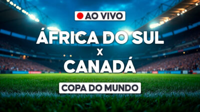 Arte com estádio de futebol iluminado ao fundo e texto Ao Vivo África do Sul x Canadá pela Copa do Mundo no centro da imagem
