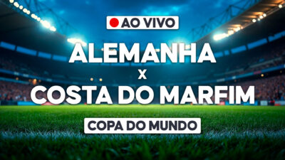 Arte de transmissão ao vivo com Alemanha x Costa do Marfim e texto Copa do Mundo sobre gramado de estádio iluminado