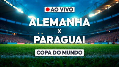 Alemanha x Paraguai com aviso de transmissão ao vivo sobre estádio iluminado e identificação da Copa do Mundo