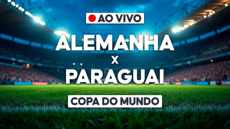 Alemanha x Paraguai com aviso de transmissão ao vivo sobre estádio iluminado e identificação da Copa do Mundo