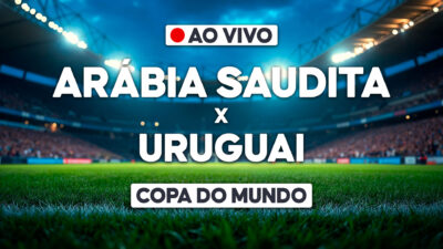 Arte de transmissão ao vivo com Arábia Saudita x Uruguai em estádio iluminado pela Copa do Mundo