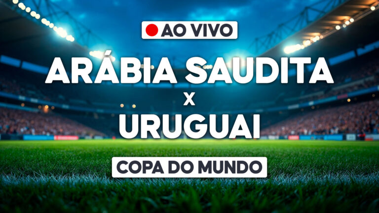 Arte de transmissão ao vivo com Arábia Saudita x Uruguai em estádio iluminado pela Copa do Mundo