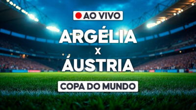 Arte de transmissão ao vivo com Argélia x Áustria sobre estádio iluminado e selo Copa do Mundo