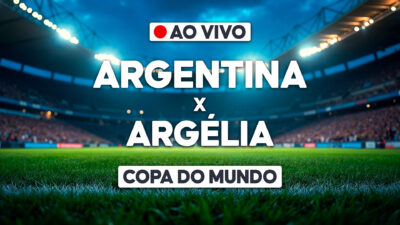 Arte com texto Argentina x Argélia e indicação Ao Vivo sobre estádio iluminado para transmissão da Copa do Mundo