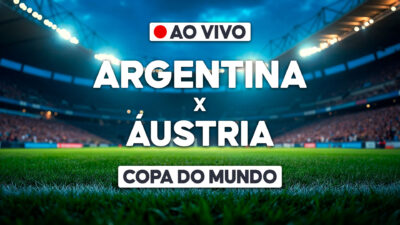 Arte de transmissão ao vivo da Copa do Mundo com estádio iluminado e chamada para Argentina x Áustria