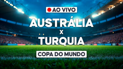 Arte gráfica de transmissão ao vivo da Copa do Mundo com Austrália x Turquia sobre estádio de futebol iluminado