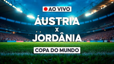 Arte com estádio iluminado e chamada ao vivo para Áustria x Jordânia pela Copa do Mundo