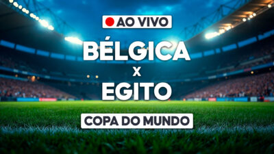 Arte de transmissão ao vivo com Bélgica x Egito em estádio iluminado pela Copa do Mundo