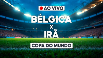 Arte de transmissão ao vivo com Bélgica x Irã sobre imagem de estádio iluminado na Copa do Mundo