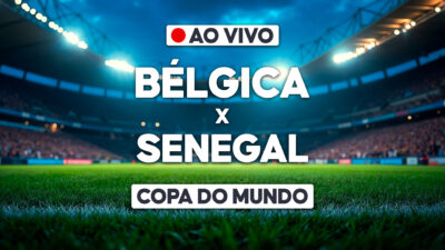 Arte com estádio de futebol iluminado ao fundo e texto ao vivo Bélgica x Senegal Copa do Mundo