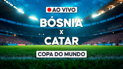 Arte de transmissão ao vivo da Copa do Mundo com estádio iluminado e confronto Bósnia x Catar