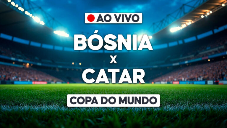 Arte de transmissão ao vivo da Copa do Mundo com estádio iluminado e confronto Bósnia x Catar