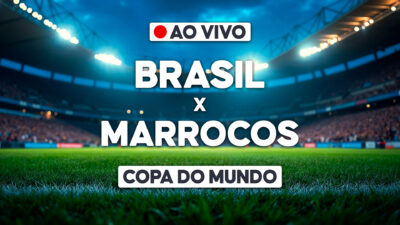 Arte gráfica de transmissão ao vivo da Copa do Mundo com Brasil x Marrocos sobre imagem de estádio iluminado