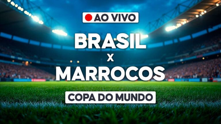 Arte gráfica de transmissão ao vivo da Copa do Mundo com Brasil x Marrocos sobre imagem de estádio iluminado