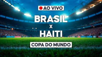 Arte de transmissão ao vivo com Brasil x Haiti e texto Copa do Mundo sobre gramado de estádio iluminado