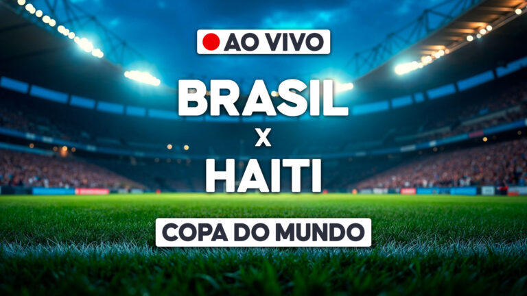 Arte de transmissão ao vivo com Brasil x Haiti e texto Copa do Mundo sobre gramado de estádio iluminado
