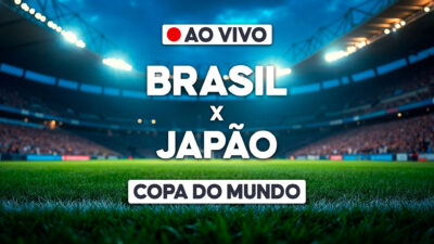 Brasil x Japão com aviso de transmissão ao vivo sobre estádio iluminado e identificação da Copa do Mundo