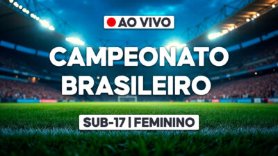 Arte promocional do Campeonato Brasileiro Sub-17 - Feminino com aviso de transmissão ao vivo em estádio de futebol iluminado