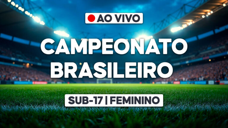 Arte promocional do Campeonato Brasileiro Sub-17 - Feminino com aviso de transmissão ao vivo em estádio de futebol iluminado