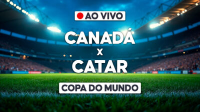 Arte com estádio iluminado e chamada ao vivo para Canadá x Catar pela Copa do Mundo