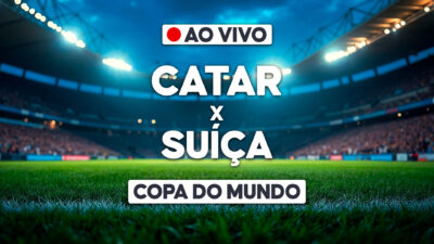 Arte gráfica de transmissão ao vivo da Copa do Mundo com Catar x Suíça sobre imagem de estádio iluminado