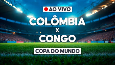 Arte de transmissão ao vivo com Colômbia x Congo e estádio de futebol iluminado ao fundo na Copa do Mundo