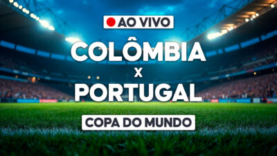 Arte de transmissão ao vivo com Colômbia x Portugal sobre estádio iluminado e selo Copa do Mundo
