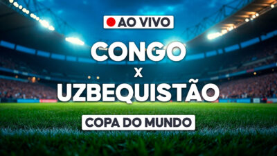 Arte de transmissão ao vivo com Congo x Uzbequistão sobre estádio iluminado e selo Copa do Mundo