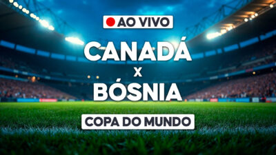 Arte com texto Canadá x Bósnia e indicação de transmissão ao vivo da Copa do Mundo sobre estádio iluminado ao fundo