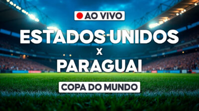 Arte com texto Estados Unidos x Paraguai e indicação de transmissão ao vivo da Copa do Mundo sobre estádio iluminado ao fundo