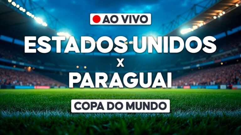 Arte com texto Estados Unidos x Paraguai e indicação de transmissão ao vivo da Copa do Mundo sobre estádio iluminado ao fundo