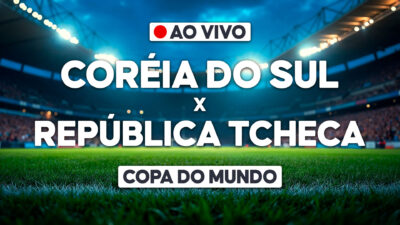 Arte promocional de Coreia do Sul x República Tcheca com aviso de transmissão ao vivo sobre gramado de estádio iluminado