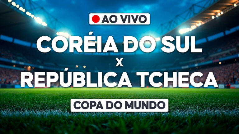 Arte promocional de Coreia do Sul x República Tcheca com aviso de transmissão ao vivo sobre gramado de estádio iluminado