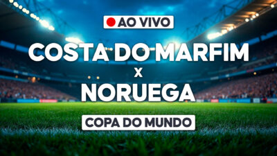 Costa do Marfim x Noruega com aviso de transmissão ao vivo sobre estádio iluminado e identificação da Copa do Mundo