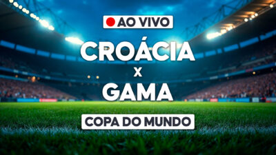 Arte de transmissão ao vivo com Croácia x Gana sobre estádio iluminado e selo Copa do Mundo