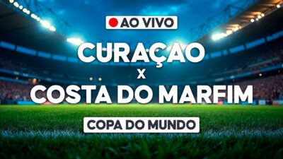 Arte de transmissão ao vivo da Copa do Mundo com texto Curaçao x Costa do Marfim sobre gramado de estádio iluminado
