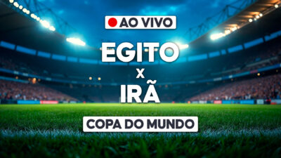 Arte de transmissão ao vivo com Egito x Irã sobre estádio iluminado e selo Copa do Mundo