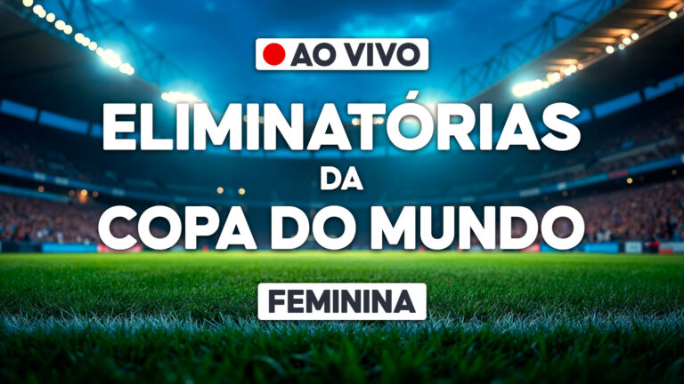 Arte promocional das Eliminatórias da Copa do Mundo - Feminina com aviso de transmissão ao vivo em estádio de futebol iluminado