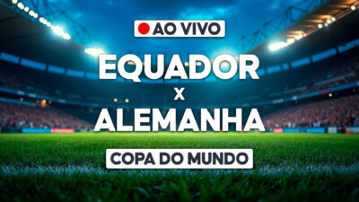 Arte de transmissão ao vivo da Copa do Mundo com texto Equador x Alemanha sobre gramado de estádio iluminado