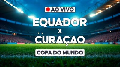 Arte de transmissão ao vivo com Equador x Curaçao e texto Copa do Mundo sobre gramado de estádio iluminado