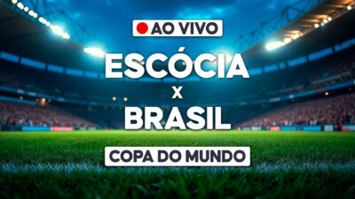 Arte de transmissão ao vivo da Copa do Mundo com estádio iluminado e confronto Escócia x Brasil