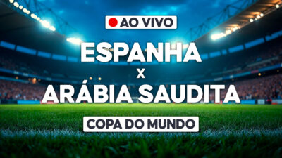 Arte de transmissão ao vivo com Espanha x Arábia Saudita sobre imagem de estádio iluminado na Copa do Mundo