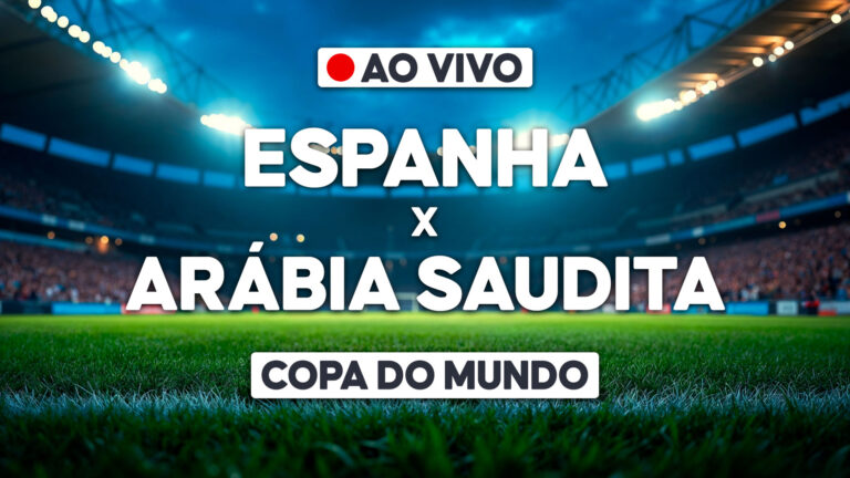 Arte de transmissão ao vivo com Espanha x Arábia Saudita sobre imagem de estádio iluminado na Copa do Mundo