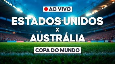 Arte de transmissão ao vivo com Estados Unidos x Austrália e texto Copa do Mundo sobre gramado de estádio iluminado