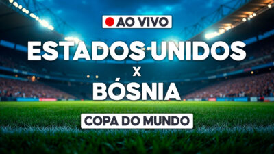 Arte com estádio de futebol iluminado ao fundo e texto ao vivo Estados Unidos x Bósnia Copa do Mundo