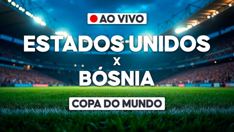 Arte com estádio de futebol iluminado ao fundo e texto ao vivo Estados Unidos x Bósnia Copa do Mundo