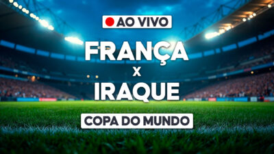 Arte de transmissão ao vivo da Copa do Mundo com estádio iluminado e chamada para França x Iraque