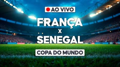 Arte com texto França x Senegal e indicação Ao Vivo sobre estádio iluminado para transmissão da Copa do Mundo