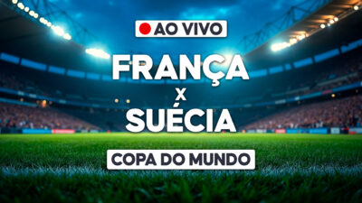 França x Suécia com aviso de transmissão ao vivo sobre estádio iluminado e identificação da Copa do Mundo